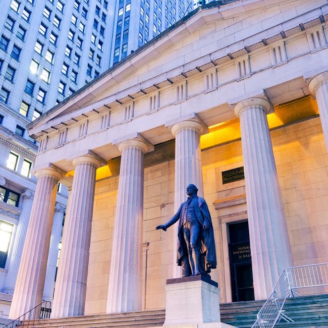 Low angle view of George Washington statue at Federal Hall