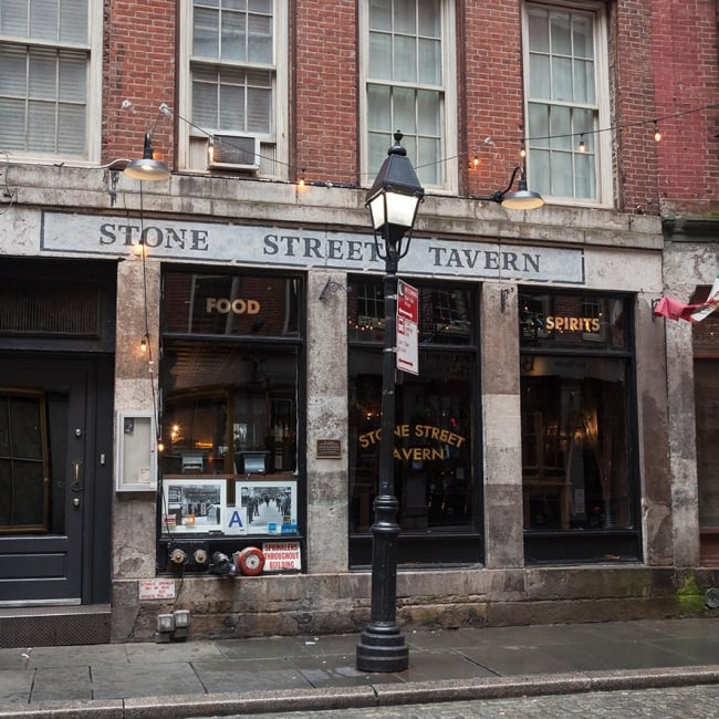 A view of the exterior of the Stone Street Tavern early on a Sunday morning